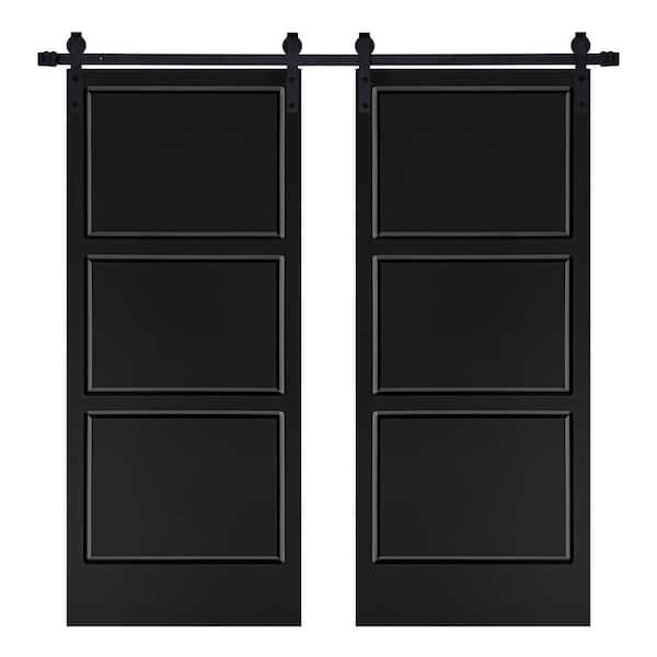 AIOPOP HOME Modern THREE PANEL Designed 48 in. x 84 in. MDF Panel Black Painted Double Sliding Barn Door with Hardware Kit