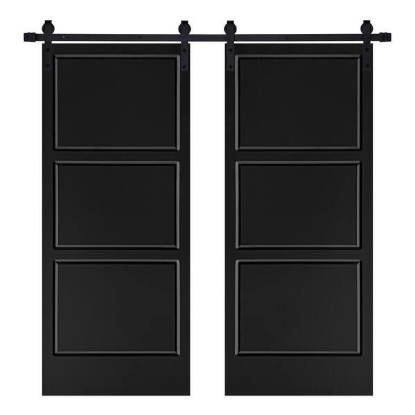 AIOPOP HOME Modern 3-Panel Designed 64 in. x 84 in. MDF Panel Black Painted Double Sliding Barn Door with Hardware Kit