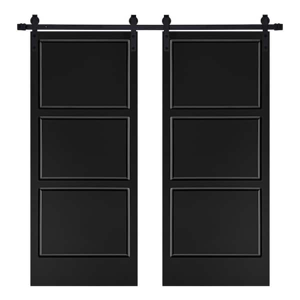 AIOPOP HOME Modern 3-Panel Designed 72 in. x 80 in. MDF Panel Black Painted Double Sliding Barn Door with Hardware Kit