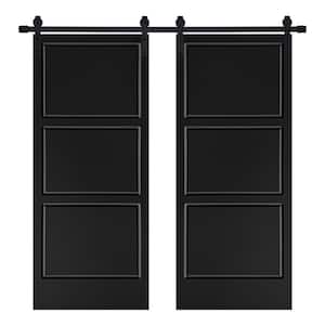 Modern 3-Panel Designed 72 in. x 96 in. MDF Panel Black Painted Double Sliding Barn Door with Hardware Kit