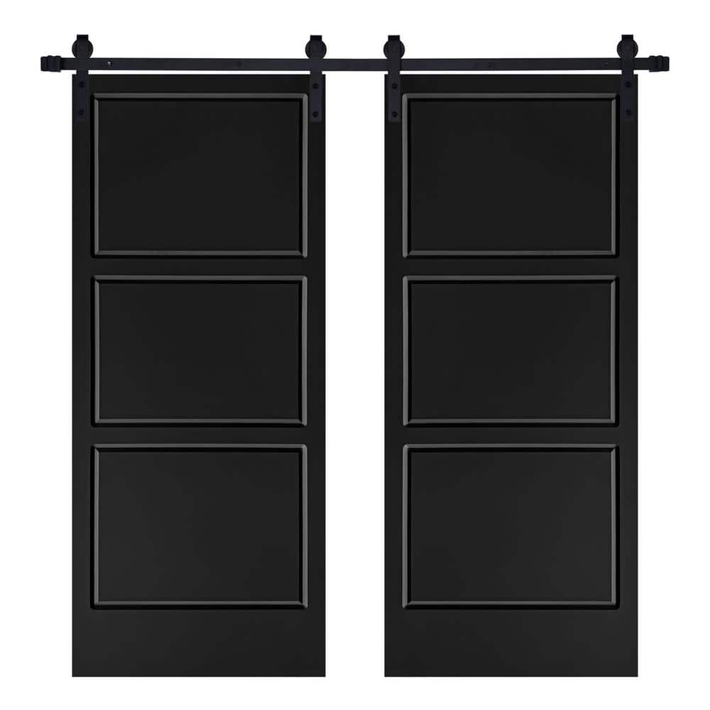Modern 3-Panel Designed 84 in. x 80 in. MDF Panel Black Painted Double Sliding Barn Door with Hardware Kit price history on PriceWatchPro