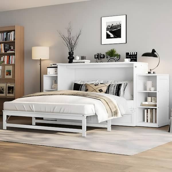 Cub White Wood Frame Folding Queen Size Murphy Bed with Spacious Storage Drawers and Shelves