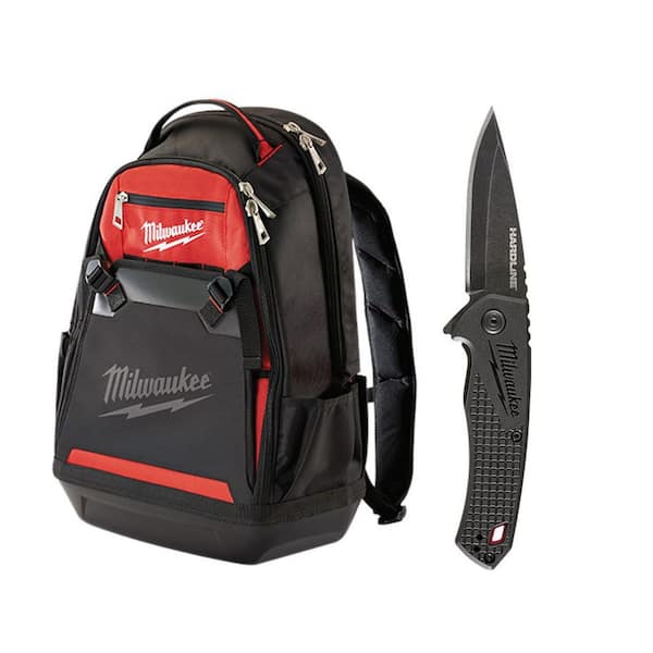 Milwaukee 10 in. Jobsite Tool Backpack with Hardline D2 Steel Smooth Blade Pocket Folding Knife (2-Piece)