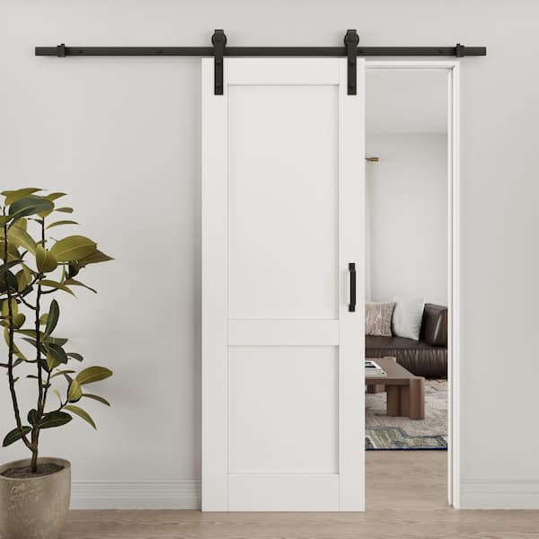 28 in. x 80 in. Paneled 2 Lite White Primed Solid Core MDF Sliding Barn Door with Hardware Kit