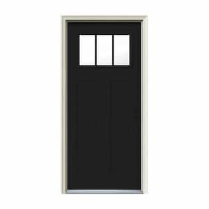 34 in. x 80 in. 3 Lite Craftsman Black Painted Steel Prehung Left-Hand Inswing Front Door w/Brickmould