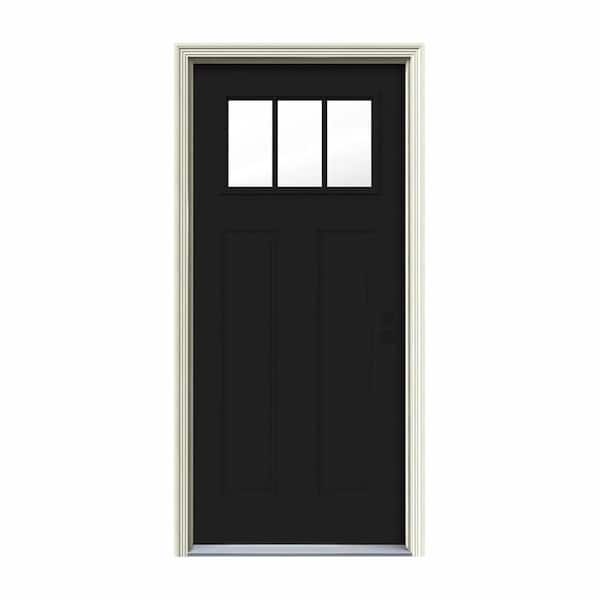 34 in. x 80 in. 3 Lite Craftsman Black Painted Steel Prehung Left-Hand Inswing Front Door w/Brickmould