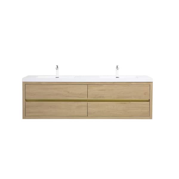 Lafarre 70.87 in. W x 19.69 in. D Double Sink Floating Oak Natural Wood Bath Vanity with White Stone Resin Top Assembled