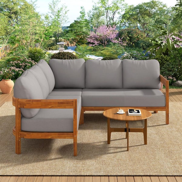 Elton Modern Brown Solid Wood L-Shaped Patio Conversation Set Outdoor Sectional Sofa with Grey Cushions