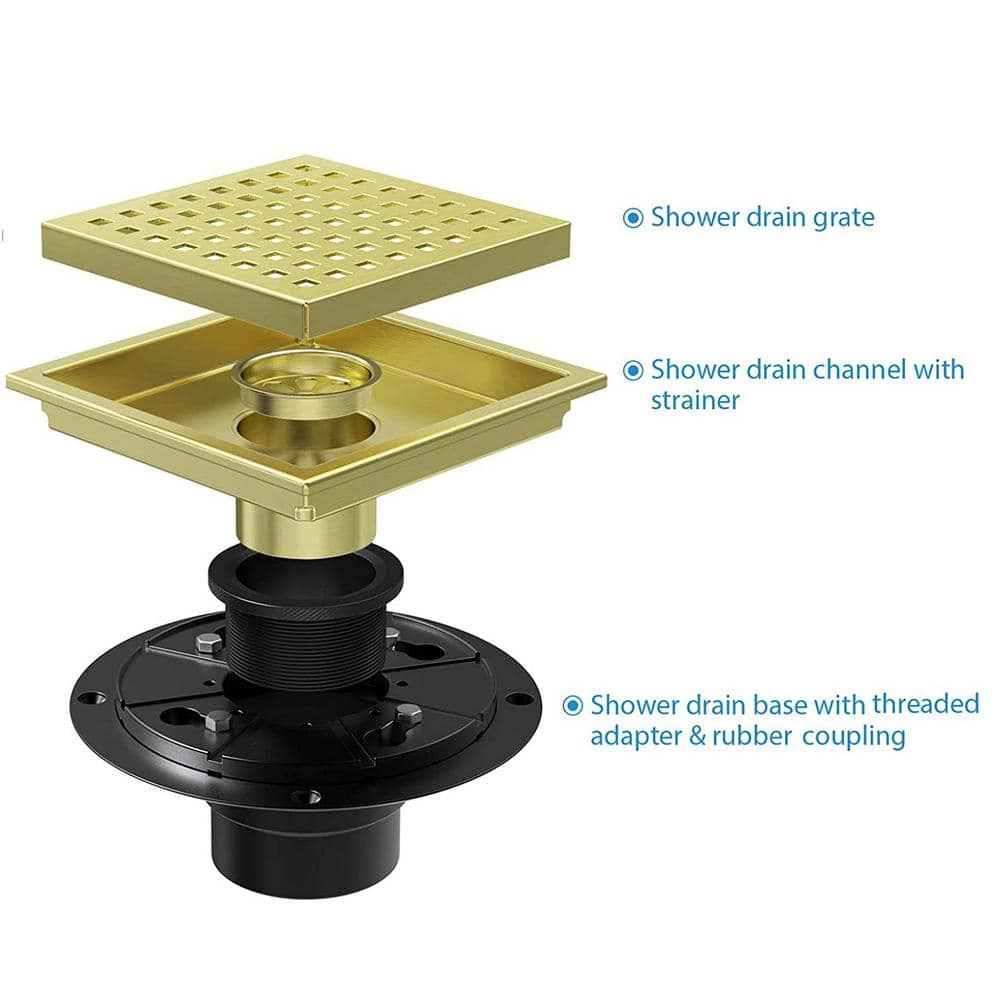 6-Inch Brushed Gold Stainless Steel Square Shower Drain