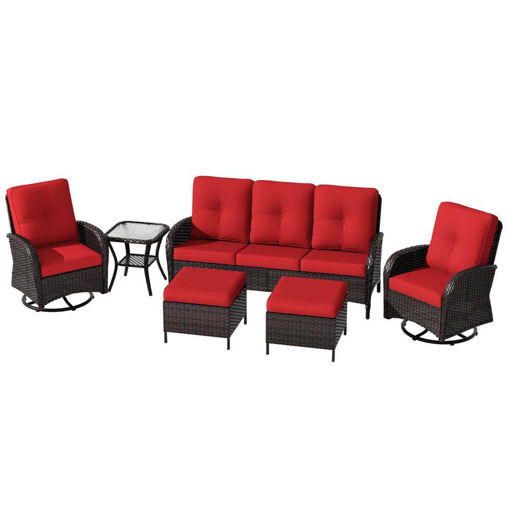 6-Piece Brown Wicker Patio Conversation Set with Side Table, Ottomans and Red Cushions price history on PriceWatchPro