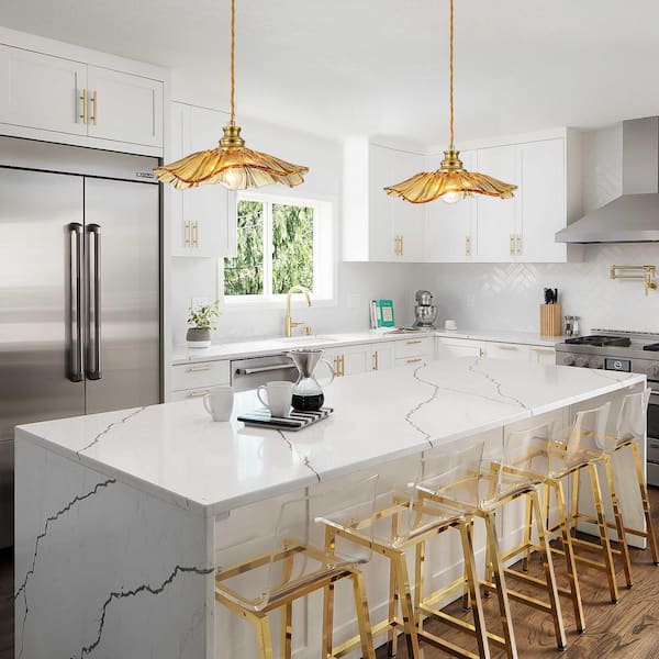 11.02 in. 1-Light Modern Amber Hanging Pendant Light with Flower Shaped Glass Shade for Bedroom, Kitchen Island