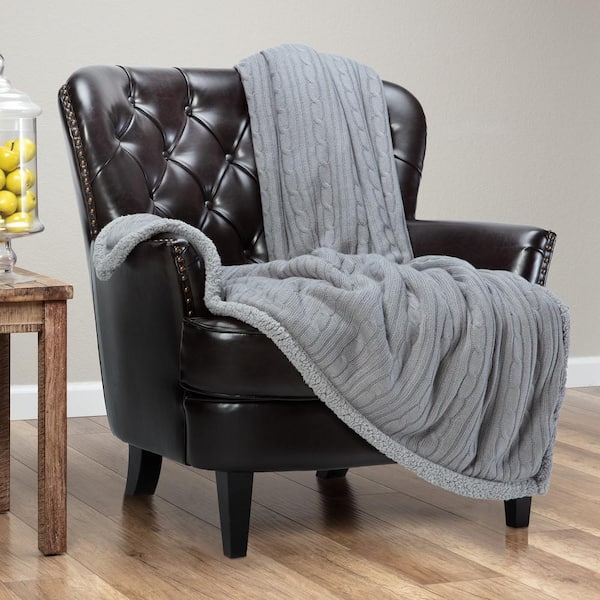 CHANASYA Cable Knit Gray Polyester Throw Blanket with Reversible Sherpa, 50 in. x 65 in.