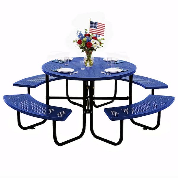83 in. Blue Round Outdoor Steel Picnic Table, 1-Piece with 4-Built-in Benches and Umbrella Hole