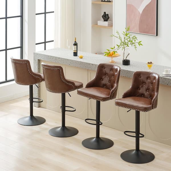 Antique Brown Adjustable High Back Bar Stool with Black Metal Frame Counter Height Faux Leather Counter Stool (Set of 4)