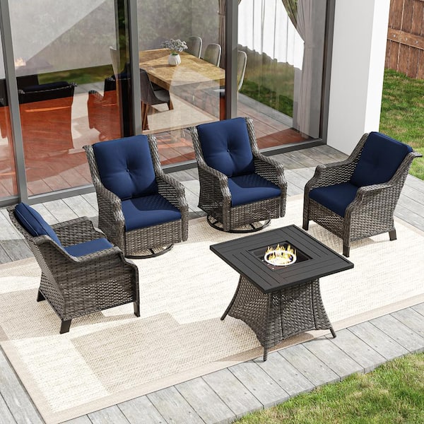 5-Piece Wicker Outdoor Fire Pit Patio Chair Set with Blue Cushions and Rectangular Fire Pit Table