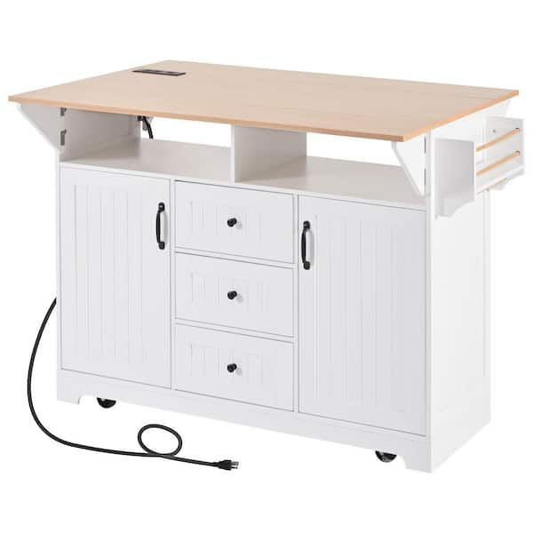 White Wood 55 in. Kitchen Island with 2 Drop Leaf, 2-Power Outlet and Folding Storage Dining Table for Kitchen Room