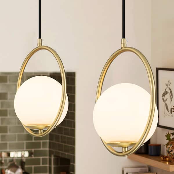 RRTYO 1-Light Gold Mid-Century Modern Circle Globe Pendant with Hand-blown Opal Glass Shade