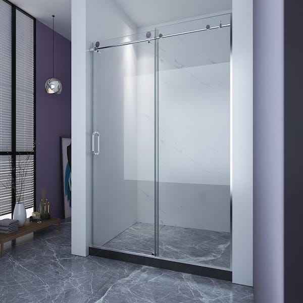 TaiMei 60 in. W x 76 in. H Sliding Frameless Shower Door in Silver with Clear Glass and Handles