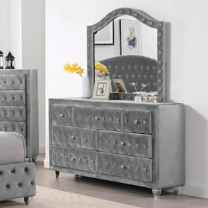 2pc Nesika 7-Drawer Gray Upholstered Dresser with Mirror (75.75 in. H x 58.5 in. W x 17.5 in. D)