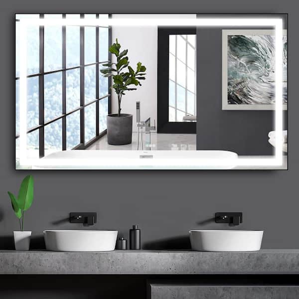 72 in. W x 48 in. H Rectangular Aluminium Framed Anti-Fog Dimmable LED Wall Bathroom Vanity Mirror in Black