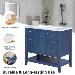 Tarsa 36 in. Bathroom Blue Cabinet Bath Vanity with White Ceramic Sink Top, Drawers, and Shelf