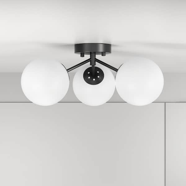 Maxax Raleigh 17 in. 3-Light Black Glass Minimalist Semi Flush Mount Lighting Hallway Bedroom Ceiling Lights Fixtures