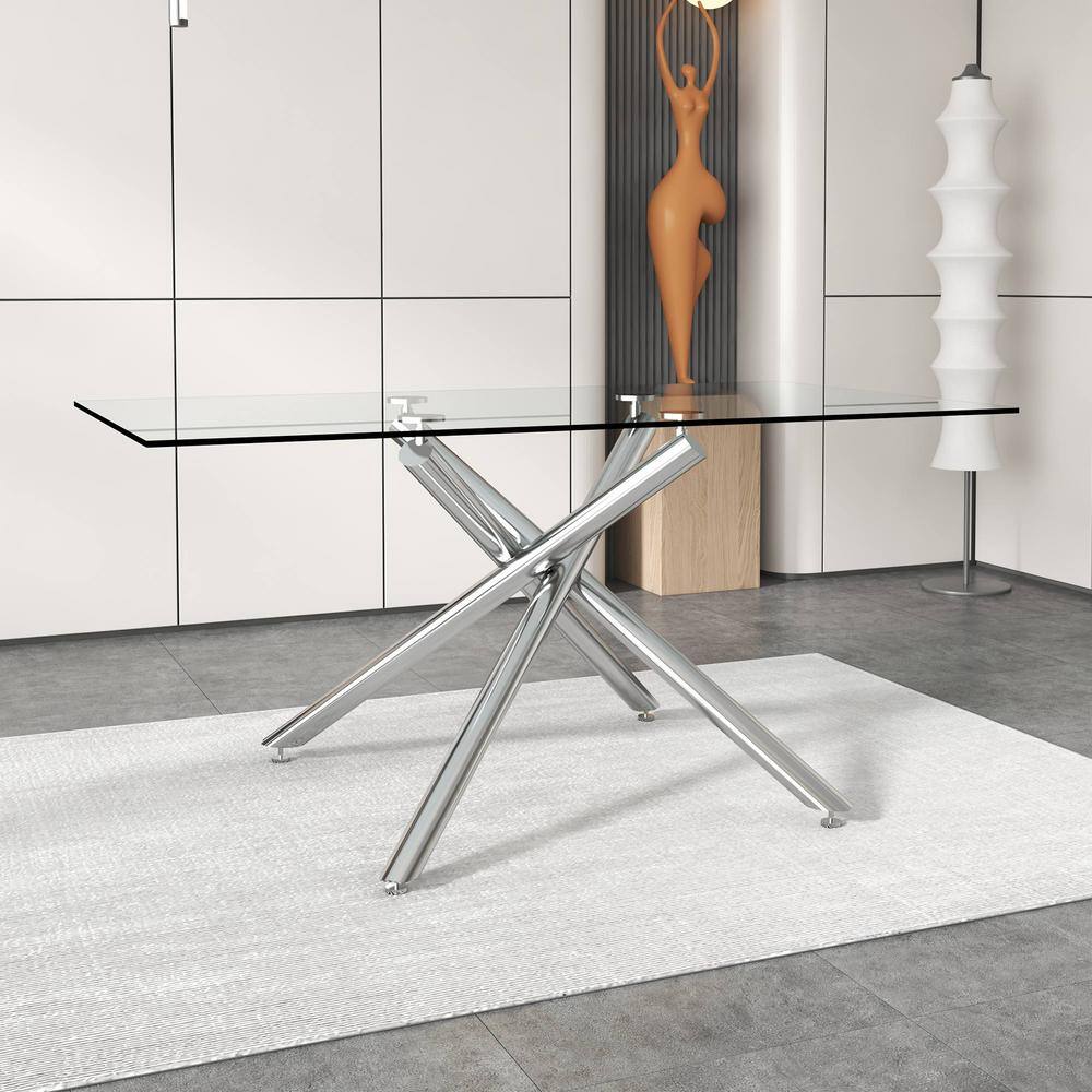63 Inch Clear Glass Dining Table with Silver Chrome Cross Legs