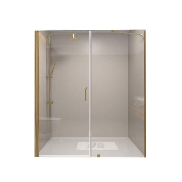60-61 in. W x 72 in. H Pivot Semi-Frameless Shower Door in Brush Gold with Clear Tempered Glass