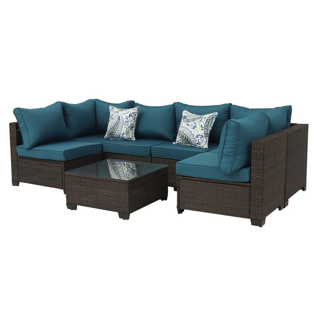 Brown Frame 7-Piece Wicker Outdoor Sofa Sectional Set with Peacock Blue Cus