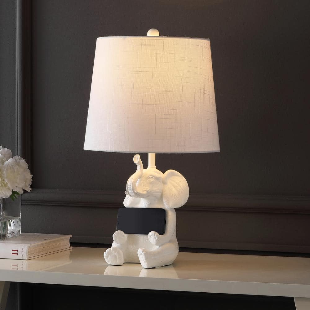 JONATHAN Y Kairi 21 In Modern Shabby Chic Resin Iron Happy Elephant   White Jonathan Y Table Lamps Jyl4060a 64 1000 