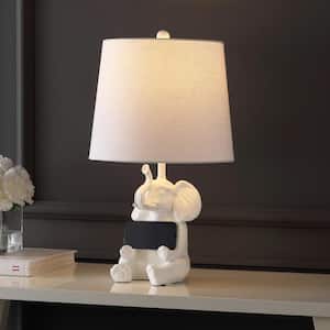 Kairi 21 in. Modern Shabby Chic Resin/Iron Happy Elephant LED Kids Table Lamp with Phone Stand, White