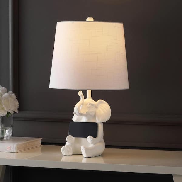 JONATHAN Y Kairi 21 in. Modern Shabby Chic Resin/Iron Happy Elephant LED Kids Table Lamp with Phone Stand, White