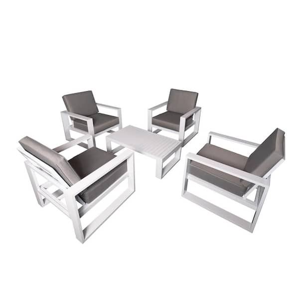 PATIOPTION 5-Piece Aluminum Patio Conversation Set with Gray Cushions and White Coffee Table - 4 Armchair