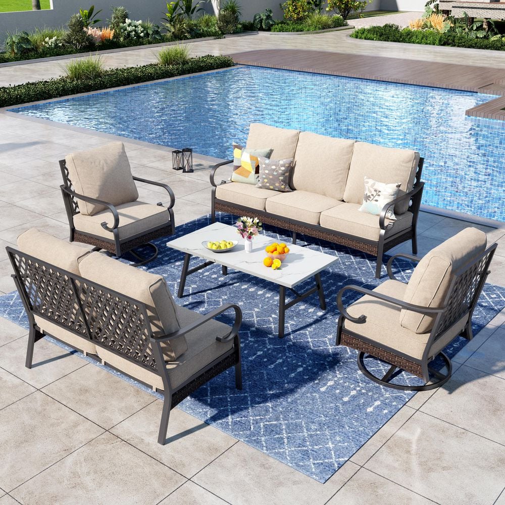 5-Piece Black Metal 7 Seats Outdoor Patio Conversation Set with Swivel Chair, Marbling Coffee Table and Beige Cushions price history on PriceWatchPro