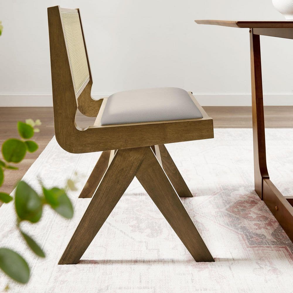 Weathered Oak Stone Side Chair with Cane Back and Faux Leather Seat