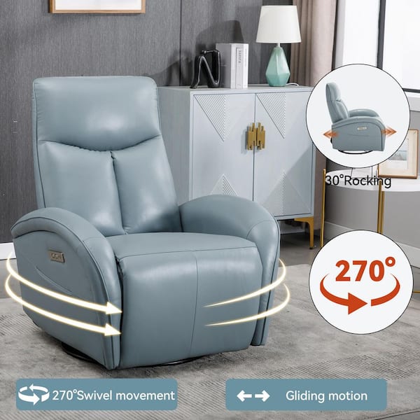 36.23 in. Blue Leather Swivel Recliner with Power Lumbar Support, 270° Swivel, with USB and Type-C Ports