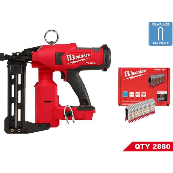 Milwaukee M18 FUEL 18-Volt Brushless Cordless Utility Fencing Stapler w/1  3/4 in. 9-Gauge Galvanized Staples 960 per Box (3-Pack)  2843-22-MPU134-960X3 The Home Depot