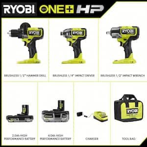 ONE+ HP 18V Brushless Cordless 3-Tool Combo Kit w/Hammer Drill, Impact Driver, Impact Wrench, Batteries, Charger, & Bag