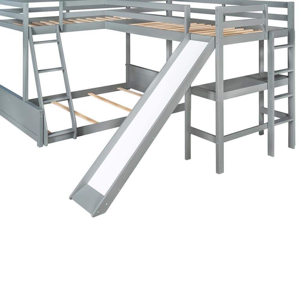 Harper & Bright Designs Gray Twin Over Full Wood Triple Bunk Bed with Desk and Slide - 3