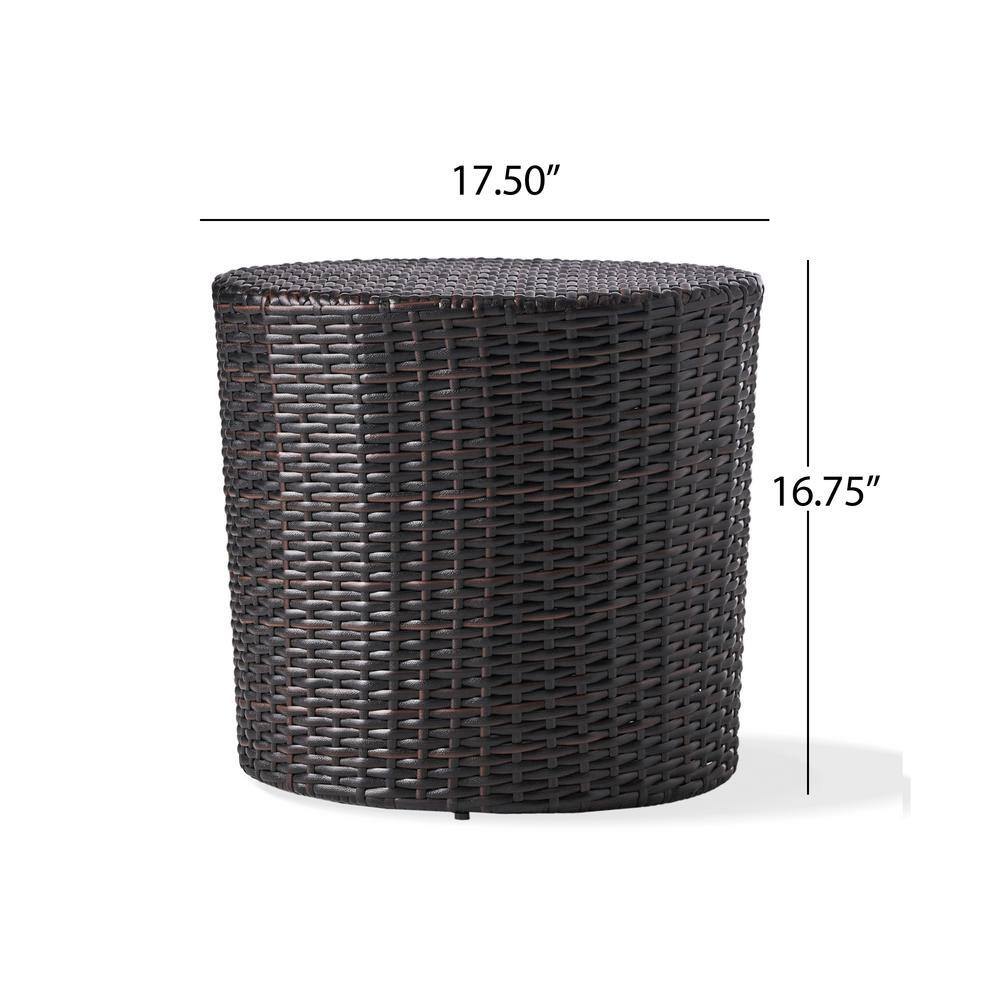 Measurement diagram of a dark brown wicker side table.