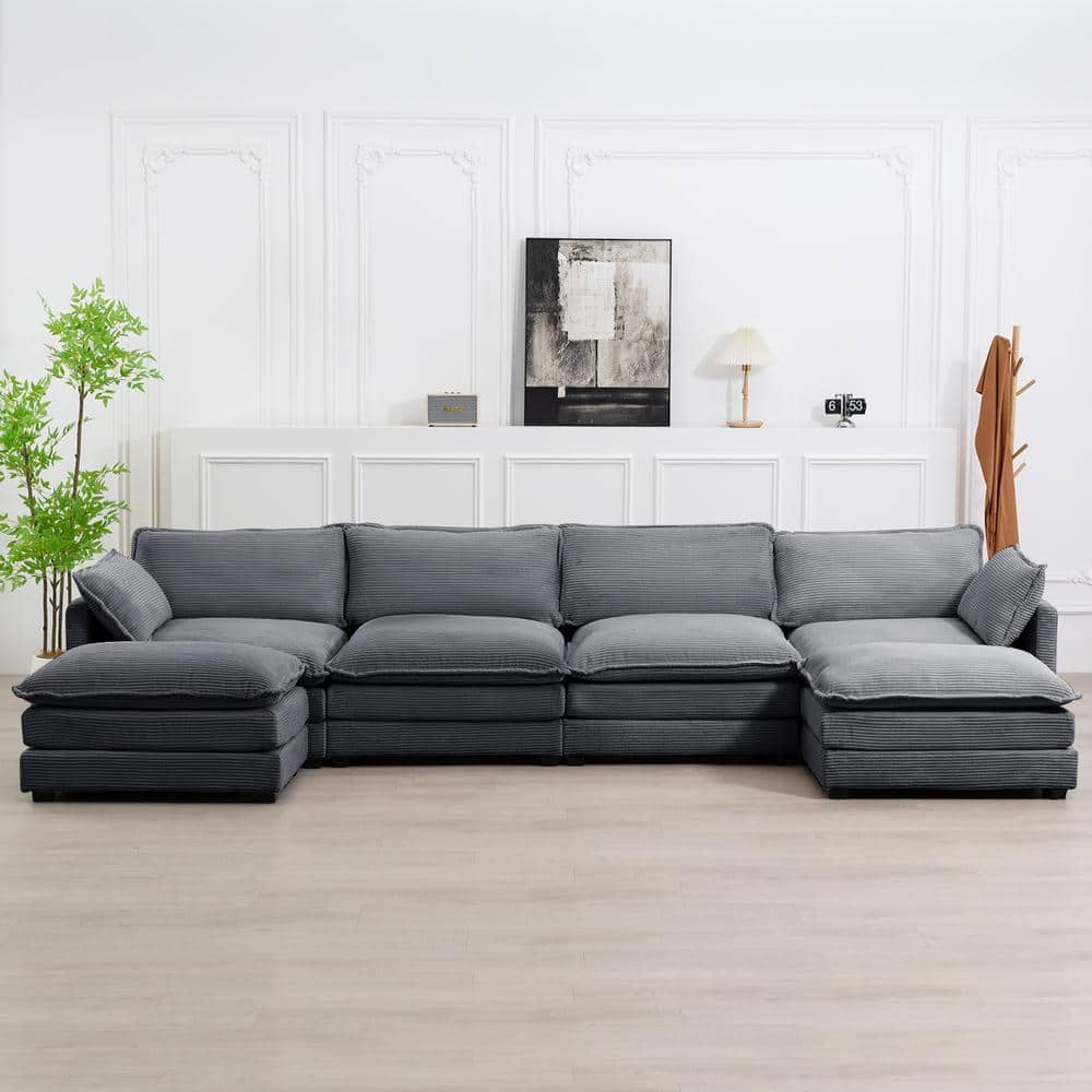 JEAREY 147 in. W 6-Piece Modern Fabric Sectional Sofa with Ottoman in Dark Grey