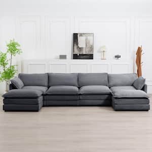147 in. W 6-Piece Modern Fabric Sectional Sofa with Ottoman in Dark Grey
