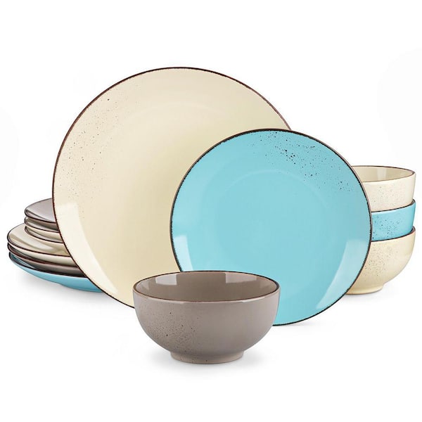 12-Piece Multi-color Stoneware Dinnerware Set Service for 4-Tableware with Dinner Plates Dessert Plates and Cereal Bowls
