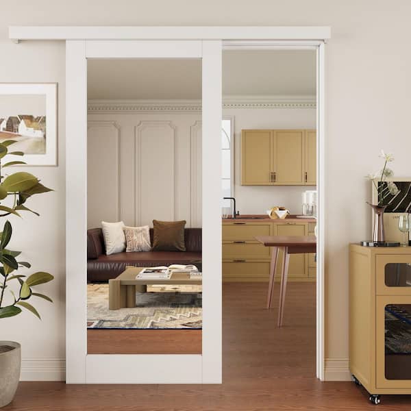 36 in. x 80 in. 1-Lite Full Length Mirrored Glass White Primed MDF Hidden Track Sliding Barn Door with Hardware Kit