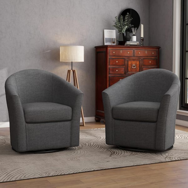 Uixe Gray Linen Upholstered 360° Swivel Barrel Accent Armchair with Metal Base(Set of 2)