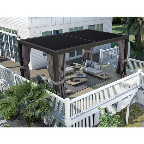 PURPLE LEAF 10 ft. x 13 ft. Gray Aluminum Louvered Pergola Hardtop Gazebo with Adjustable Sun Shade Shed Roof and Netting Curtains