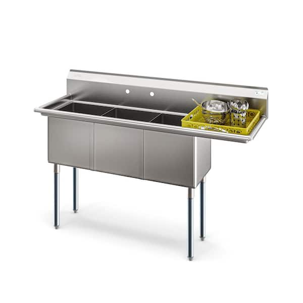 Koolmore 63 in. Three Compartment Commercial Sink, Bowl Size 15x15x14, Stainless-Steel 16 Gauge with Right Drainboard