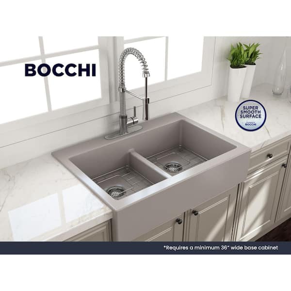 Nuova Matte Gray Fireclay 34 in. Double Bowl Drop-In Apron Front Kitchen Sink with Protective Grids and Strainers