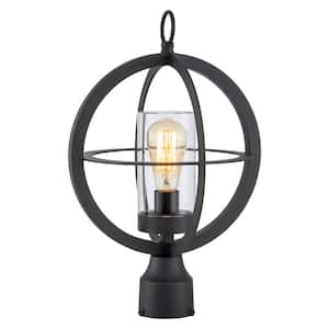 1-Light Matte Black Global Cage Outdoor Post Lantern with Clear Glass Tube