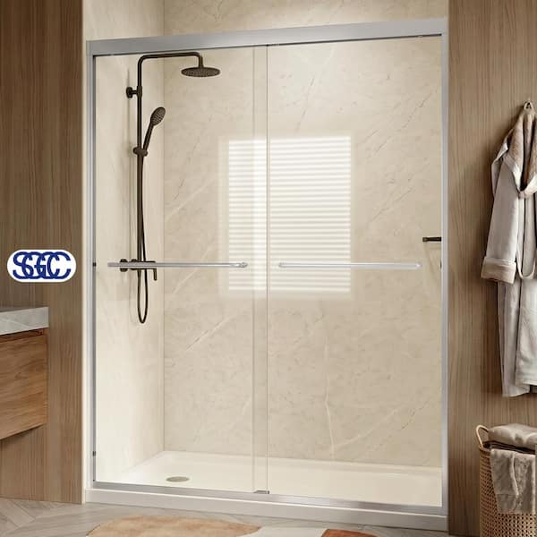 56-60 in. W x 72 in. H Semi-Frameless Double Sliding Shower Door, 1/4 in.Thick Tempered Glass, Chrome, Rollers